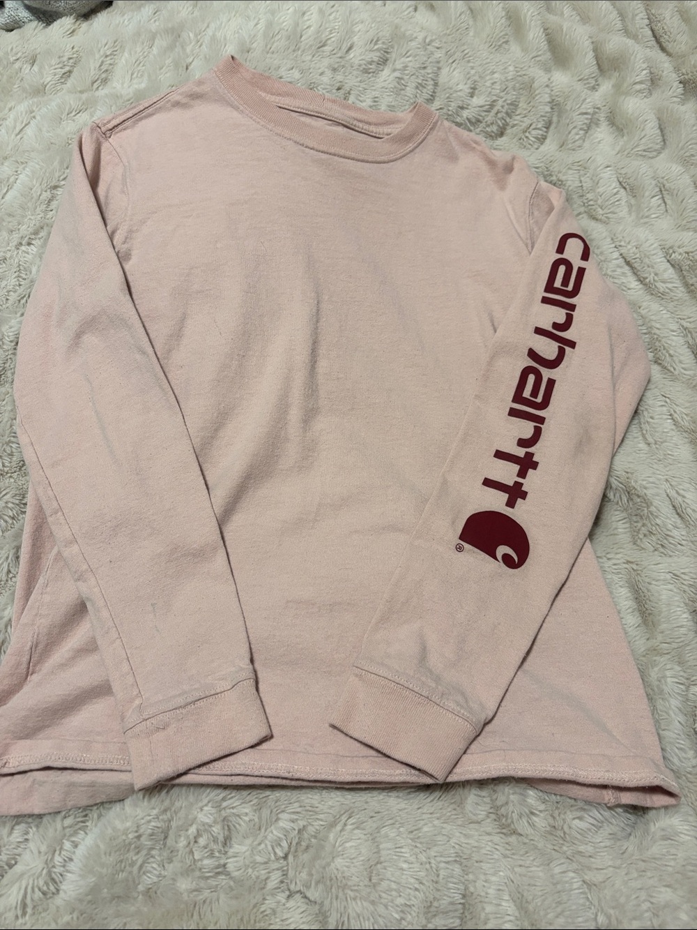 Carhartt Kids Long Sleeve Tee in Pale Pink with Maroon Logo